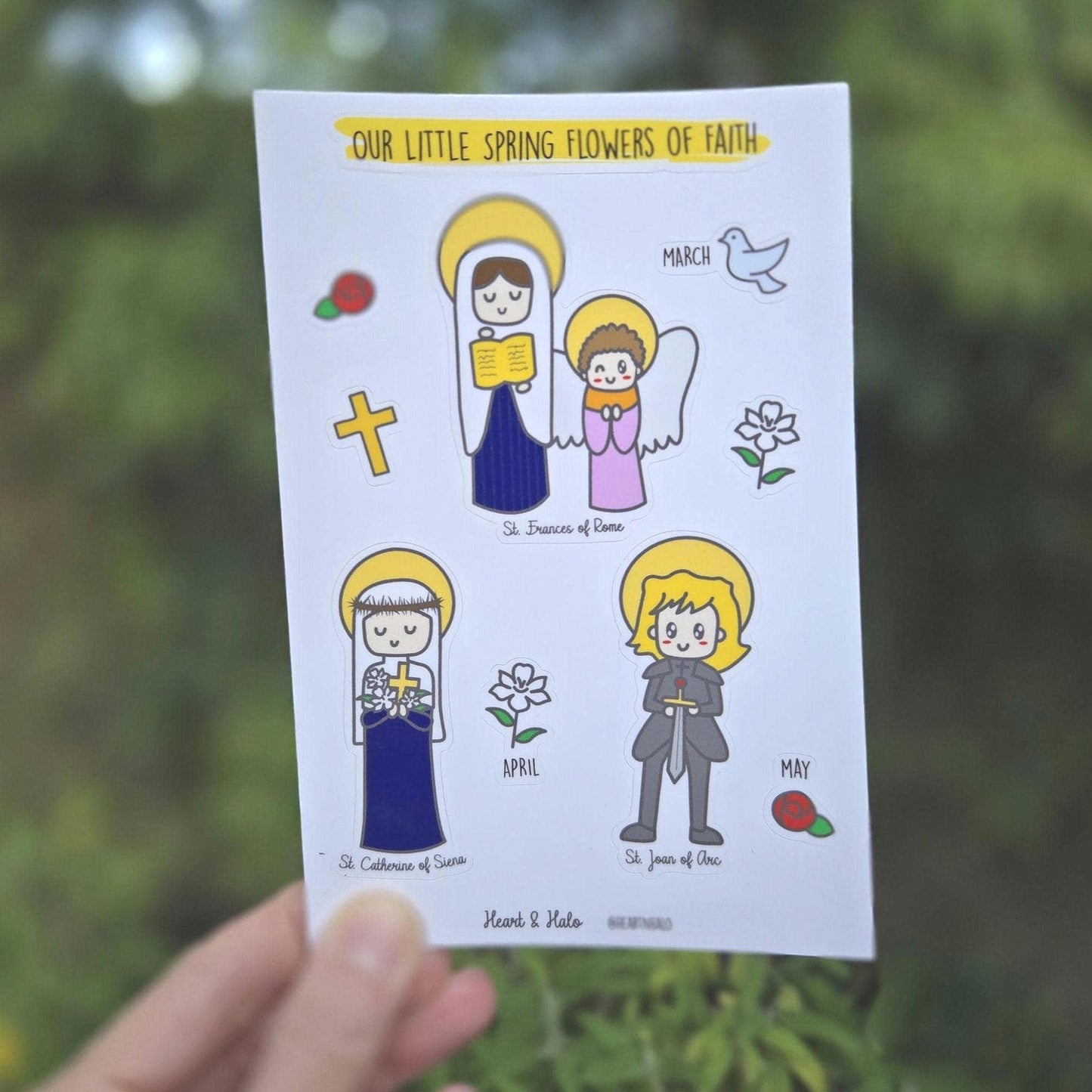 Our Little Spring Flowers of Faith 4" x 6" Sticker sheet, St Joan of Arc, St Catherine of Siena, St Frances of Rome, Catholic Saints