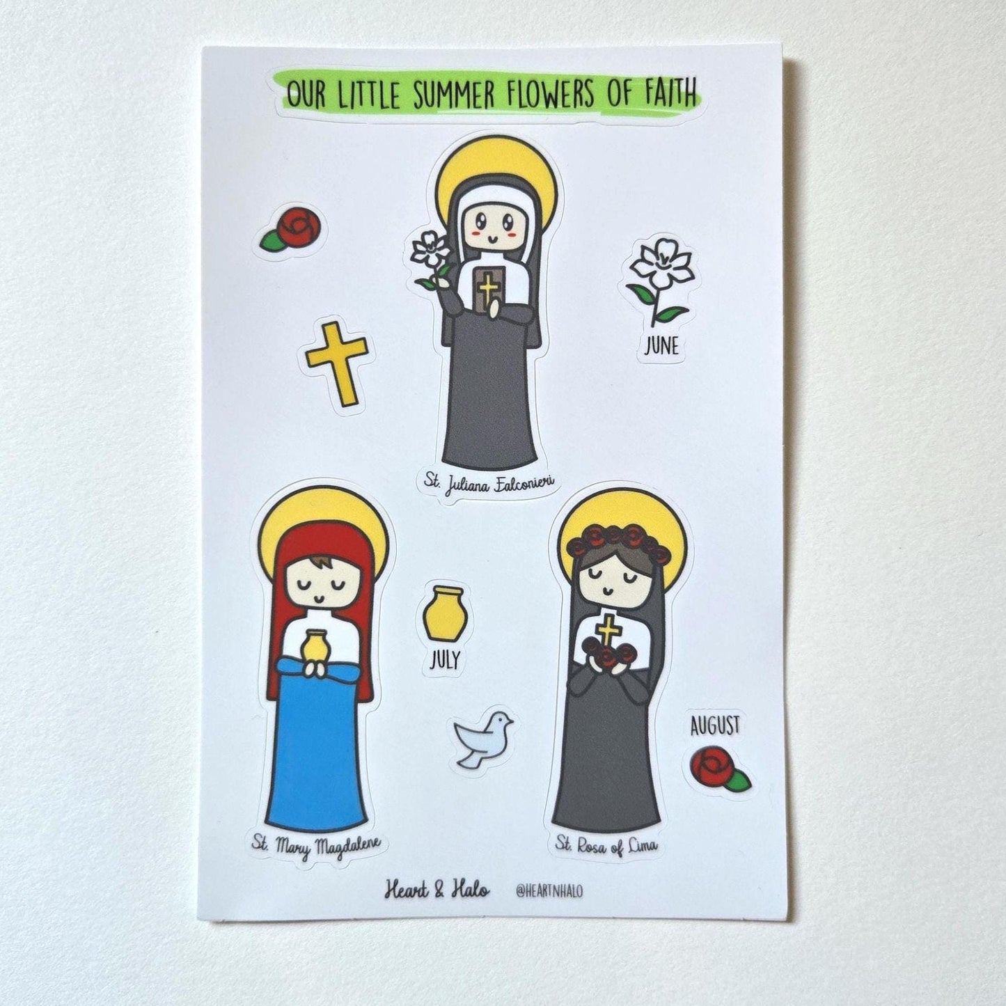 Our Little Summer Flowers of Faith 4" x 6" Sticker sheet - St. Juliana Falconieri, St. Mary Magdalene and St. Rosa of Lima.