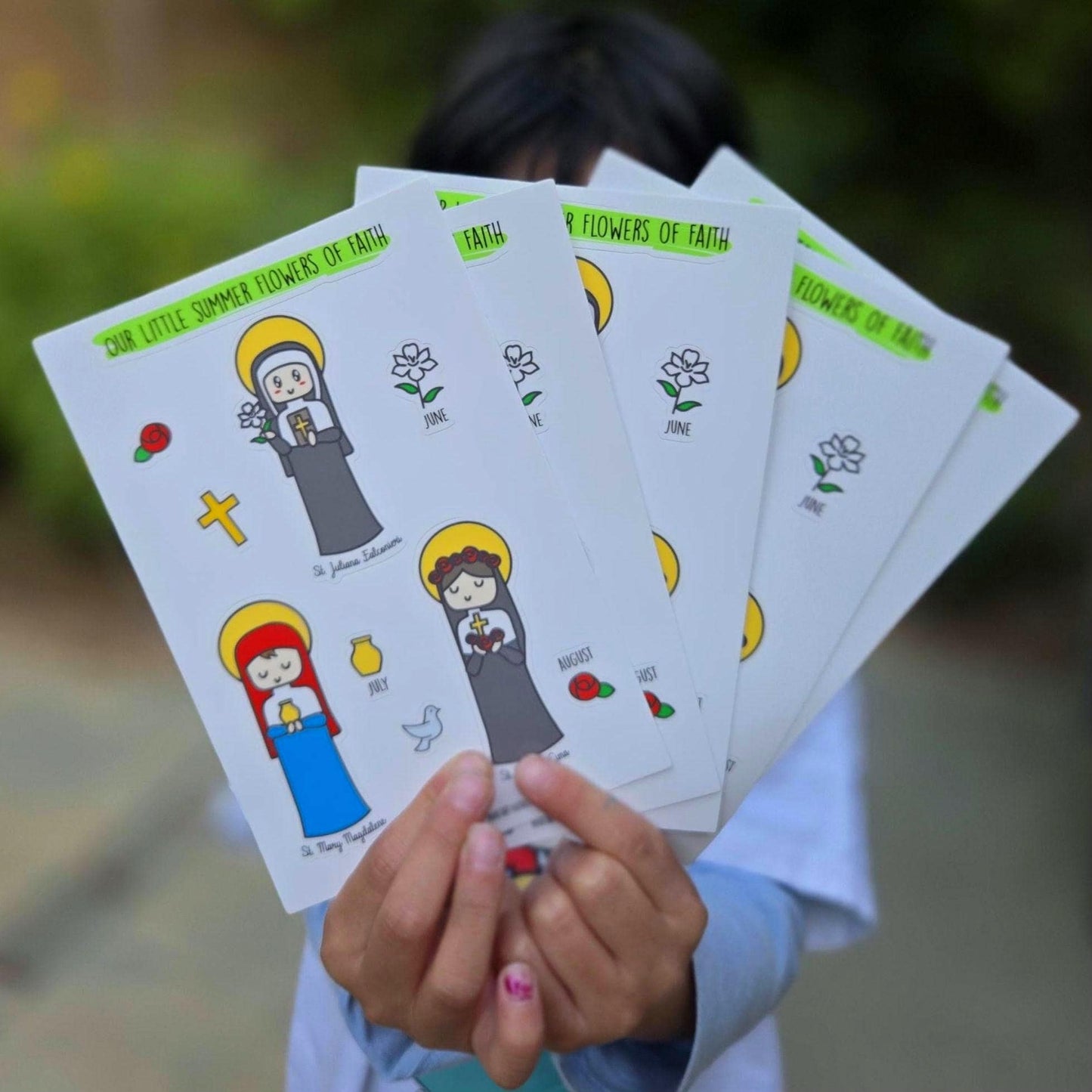 Our Little Summer Flowers of Faith 4" x 6" Sticker sheet - St. Juliana Falconieri, St. Mary Magdalene and St. Rosa of Lima.