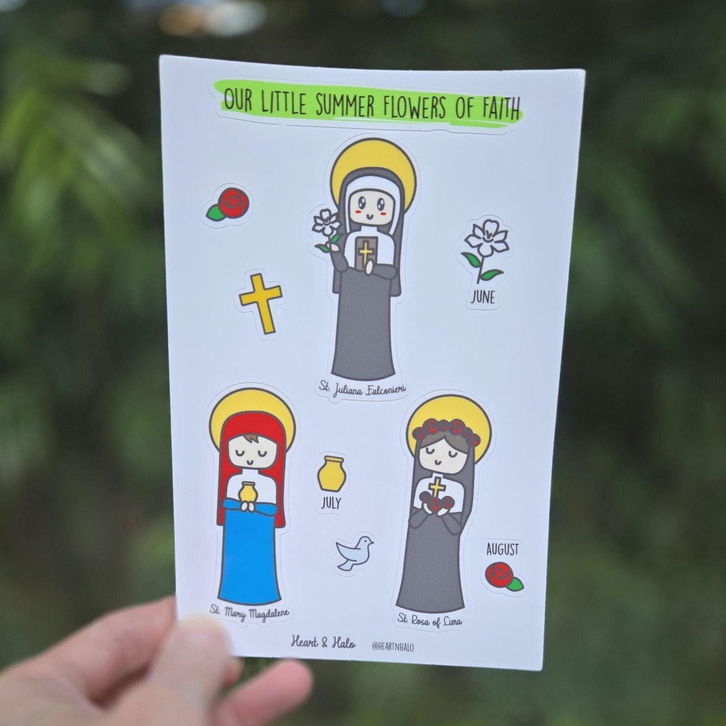 Our Little Summer Flowers of Faith 4" x 6" Sticker sheet - St. Juliana Falconieri, St. Mary Magdalene and St. Rosa of Lima.