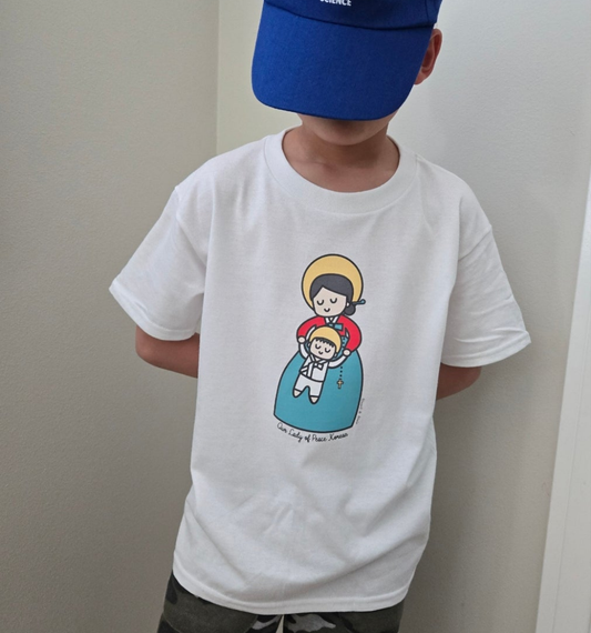 Our Lady of Peace Korean Kids T-Shirt – Catholic Art featuring Mother Mary with Baby Jesus