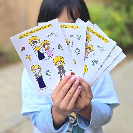 Our Little Spring Flowers of Faith  4" x 6" Sticker sheet, St Joan of Arc, St Catherine of Siena, St Frances of Rome, Catholic Saints