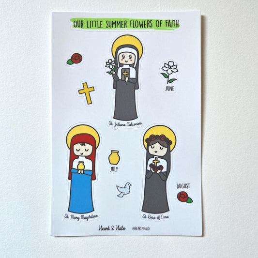 Our Little Summer Flowers of Faith  4" x 6" Sticker sheet - St. Juliana Falconieri, St. Mary Magdalene and St. Rosa of Lima.
